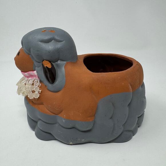 Vintage 90s Ceramic Sheep Lamb Planter with Lace Neck - Picture 3 of 9